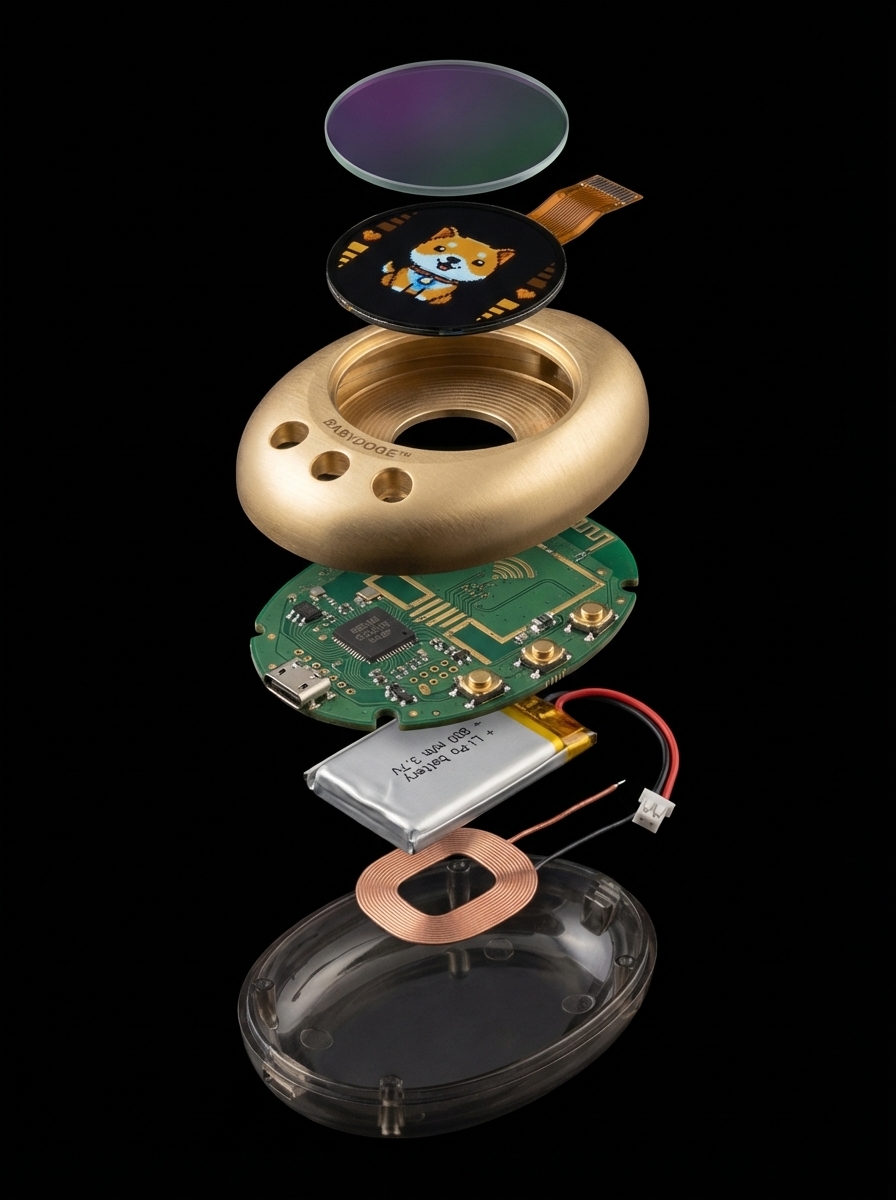 BabyDoge PetVault™ exploded view — gold shell, AMOLED screen, PCB, battery, NFC coil, transparent back