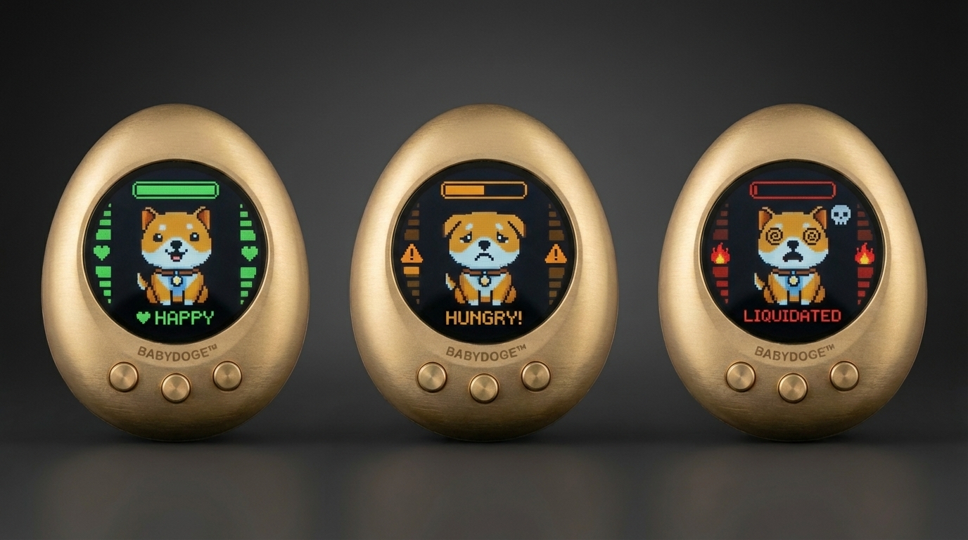 Three PetVault devices showing Happy, Hungry, Liquidated states