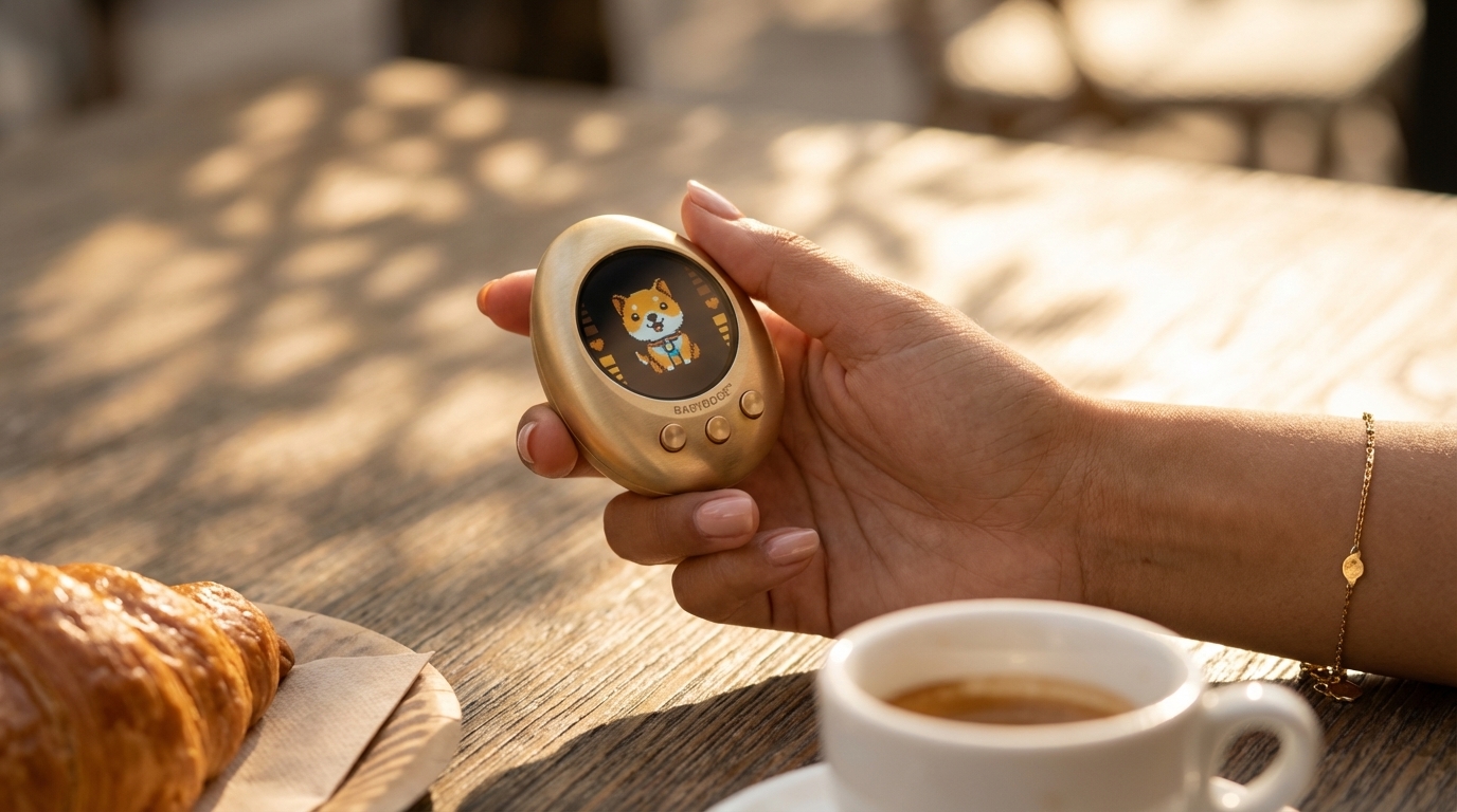 Woman holding PetVault at café